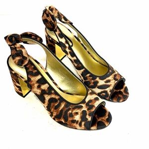 J. Renee Leopard Print Block Heel Slingback Peep Toe Pumps Bow Womens Size 7.5 M